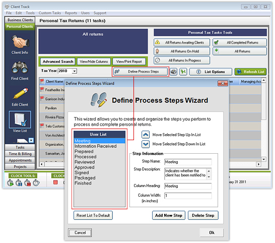 Personal Clients - Define Process Steps Wizard